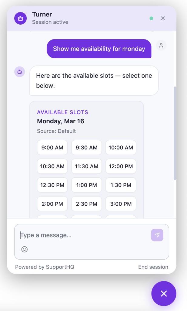 Booking slots shown in widget