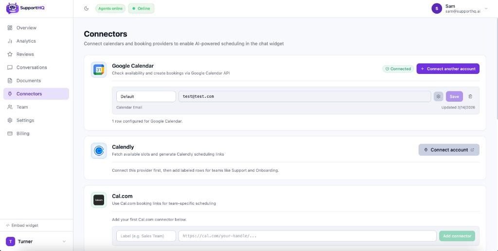 Connectors dashboard with provider rows