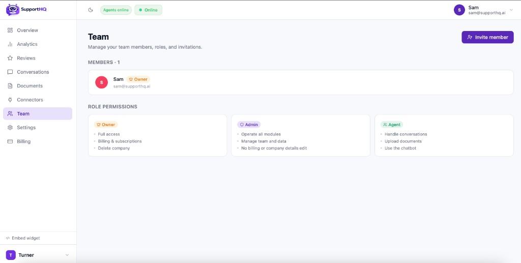 Team page with role permissions